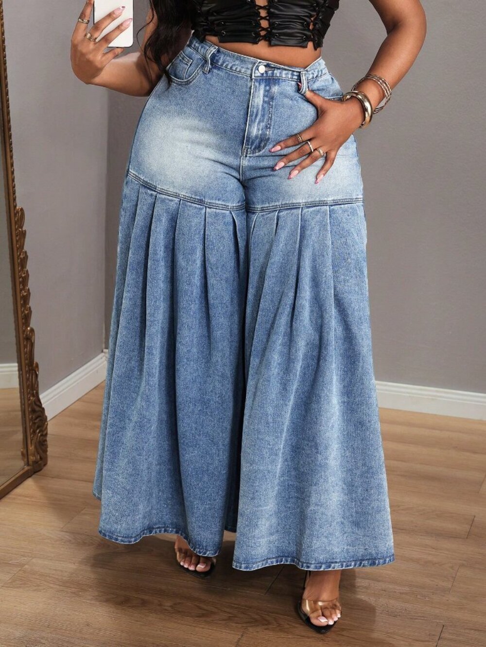 Coffee Brown Casual Women's Plus Size Pleated Wide Leg Denim Maxi Skirt - Picture 7 of 7